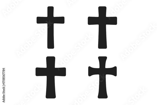 Christian cross silhouette set. Religious symbol collection. Vector icons for faith, spirituality, and belief. Holy crucifix sign for church, God, Jesus, Easter, and prayer.