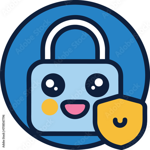 Cute cartoon padlock character with shield icon security