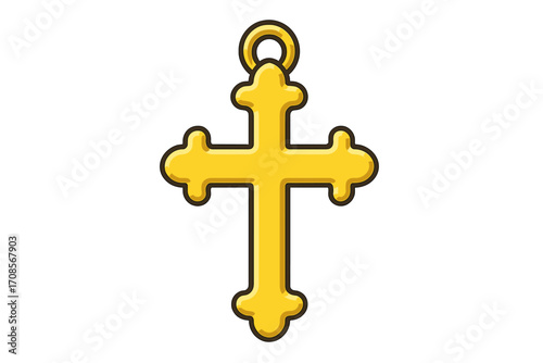Gold cross pendant, a symbol of Christianity, faith, and religion. Orthodox or Catholic crucifix jewelry icon. Vector cartoon illustration of a holy metal charm isolated.