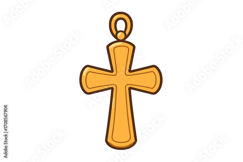 Golden cross pendant jewelry icon. Christian religion faith symbol. Holy crucifix cartoon vector illustration. Spirituality, worship and catholicism conceptual graphic design element.