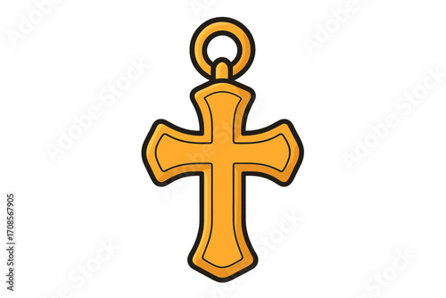 Christian cross golden pendant. Religious jewelry, symbol of faith. Cartoon vector illustration. Isolated icon. Graphic element for Easter, church, belief. Holy crucifix sign.