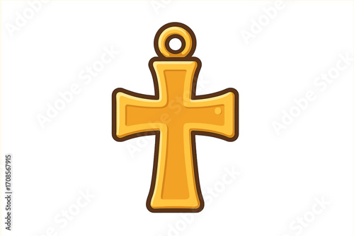 Golden cross pendant icon. A shiny jewelry symbol of Christian faith and religion. Holy crucifix charm for a necklace. Spiritual accessory. Flat cartoon vector illustration.