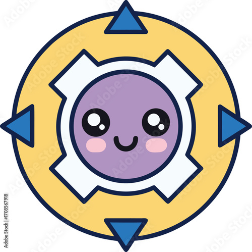 Cute kawaii purple face with big eyes and blush on a yellow compass background