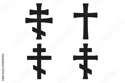 Christian cross icon set. Orthodox and Catholic religious symbol. Crucifix silhouette collection for faith and spirituality. Black vector graphic illustration isolated background.