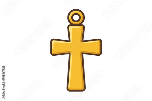 Gold cross icon. Christian jewelry symbol. Cartoon vector illustration of a religious crucifix pendant. Concept for faith, spirituality, god, church, prayer, and easter.