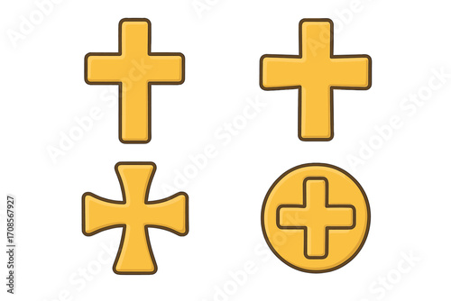 Golden cross vector icon set. Christian religious symbols, catholic faith crucifix sign collection. Cartoon illustration for jewelry design, logo, or holy spiritual element.