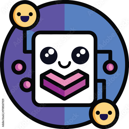 Cute cartoon square character with happy face and connected circles