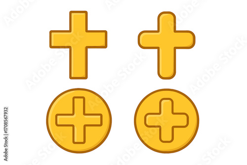 Gold cross icon set. Christian religious symbol. Golden plus sign for faith and jewelry design. Vector illustration of medal, coin, and holy crucifix shapes. Spiritual element.