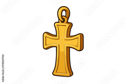Gold cross pendant jewelry icon. Christian religious symbol of faith and spirituality. Holy crucifix for necklace. Vector cartoon illustration isolated on a background.