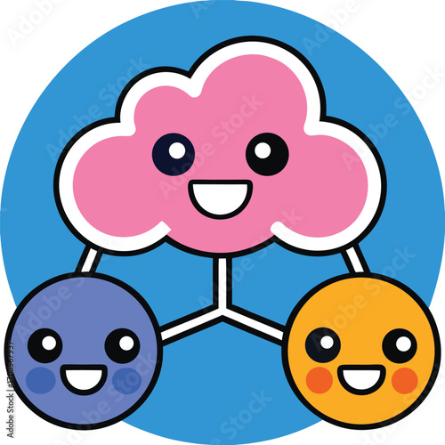 Cute pink cloud character connecting to blue and orange round characters