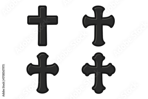 Christian cross collection. Religious symbol set for faith and spirituality. Black vector icons of crucifix shapes. Holy Jesus Christ sign for church, Easter, or funeral design.