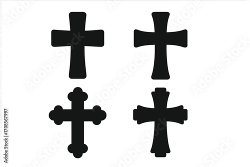 Christian cross silhouette vector icon set. Religious symbol of faith and spirituality. Black graphic crucifix collection for church, Easter, or funeral. Catholic holy sign.