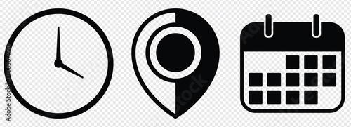 Date, Time & location pin vector icon set. Map marker, clock, calendar event icons.