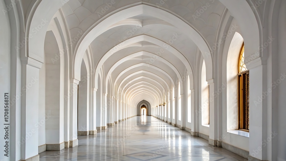 Fototapeta premium A long white arched hallway creates a sense of peaceful depth
