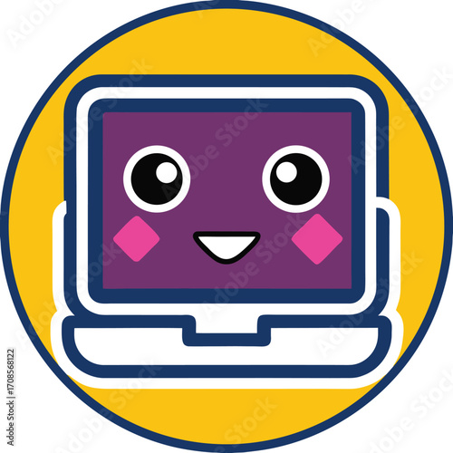 Cute purple laptop with smiling face and pink cheeks inside a yellow circle