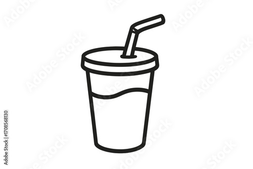 Soda drink icon in a plastic cup with a straw. Vector line art illustration for fast food menu. Refreshment, beverage, and takeaway concept. Simple black and white drawing.