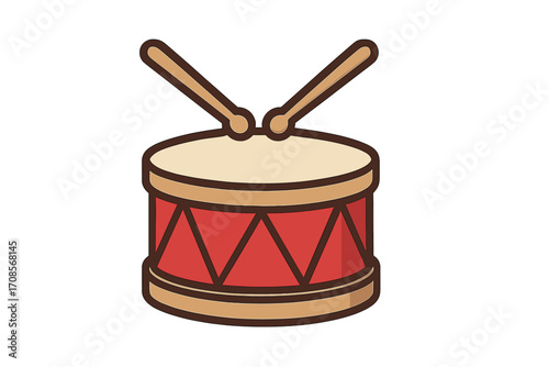 Drum with drumsticks vector icon. Musical instrument for percussion, rhythm, and beat. Flat cartoon illustration for music band, parade, or toy. Isolated graphic symbol.