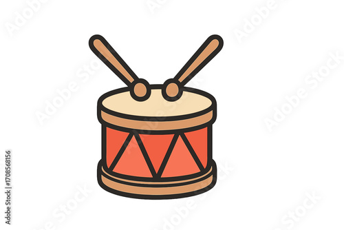 Drum icon with drumsticks. Musical instrument for rhythm and beat. Vector cartoon illustration of a percussion object. Simple symbol for music, band, concert, and sound.