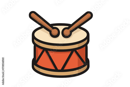 Drum with sticks icon. Music instrument for percussion, rhythm and beat. Simple cartoon illustration. Isolated vector graphic for rock band, logo, app or web design.