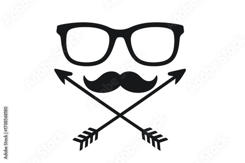 Vintage retro hipster logo. Man face silhouette with glasses and mustache. Gentleman symbol with crossed arrows. Fashion, barber shop, creative sign. Vector illustration.