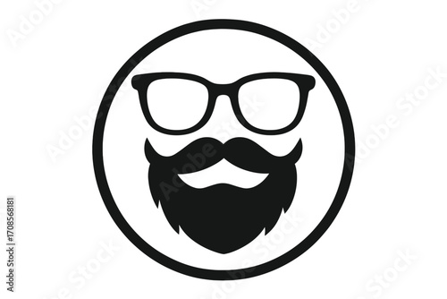 Hipster man face with glasses, mustache, and beard. Vector logo icon for barbershop. Gentleman head symbol. Fashionable male character avatar design element. Simple sign.