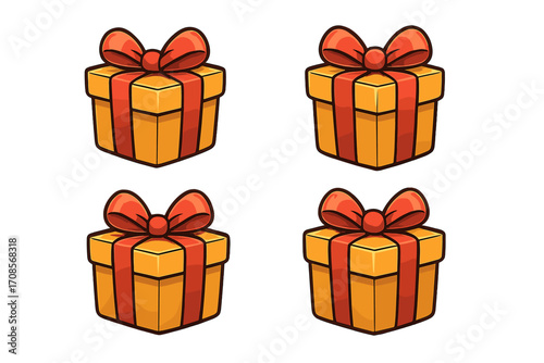 Vector illustration of cute cartoon gift box presents with red ribbon bow. Set for birthday, christmas or anniversary celebration. Surprise package collection isolated.