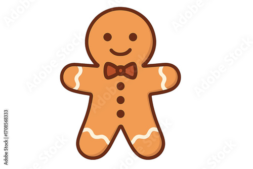 Gingerbread man icon. Cute Christmas cookie character with bowtie. Festive holiday sweet treat. Vector cartoon illustration for winter celebration, baking and dessert design.