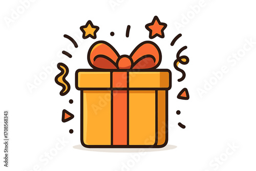 Gift box icon vector cartoon. Surprise present with ribbon for birthday, holiday celebration. Loyalty program reward or special offer prize. Party graphic with confetti.