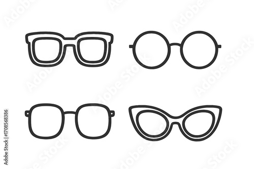 Vector glasses and sunglasses icon set. Collection of different eyeglass frames. Fashion accessory for vision. Outline, line art style. Includes retro, modern, cat-eye shapes.