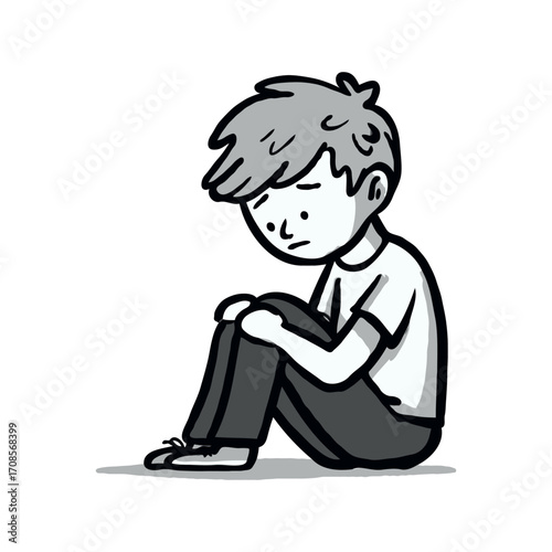 Cartoon of a sad boy sitting curled up on the ground, grayscale hand-drawn style, white background, concept of loneliness and emotional distress