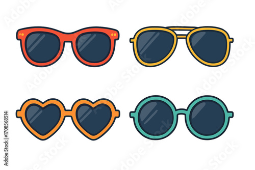 Colorful hipster sunglasses set with retro and heart-shaped frames, flat style vector cartoon illustration, vintage fashion accessories collection, summer eyewear icons for trendy styles