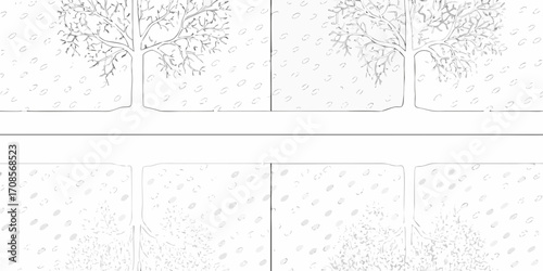 Stylized illustration of a tree in four stages showing its growth from seedling to mature tree and its roots underground
