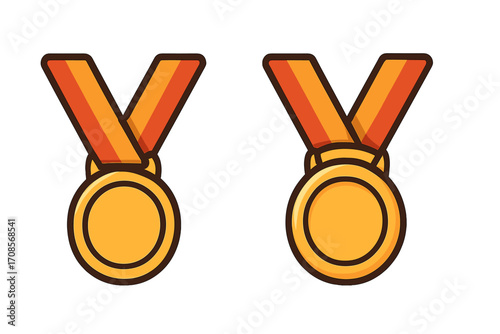Medal symbol award ribbon icon vector cartoon illustration with gold medal and orange striped ribbon, victory prize, achievement, competition, award concept design