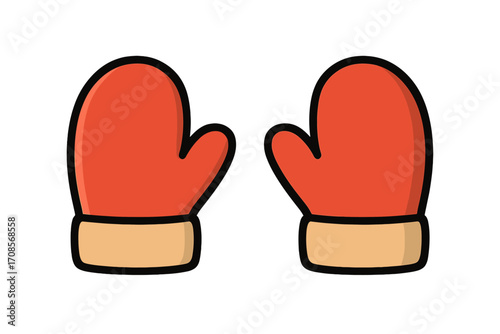 Cartoon-style red mittens icon with beige cuffs, warm winter gloves illustration, cute vector graphic with transparent background, cozy cold weather accessory set