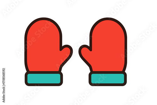 Flat style mitten icon vector with red gloves and teal cuffs, cartoon illustration of warm winter gloves, pair of cozy mittens for cold weather, simple glove symbols