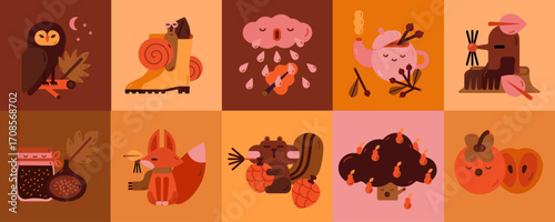 Cute set of autumn characters. Autumn cute illustration. Cozy autumn set of children's illustrations. Owl. Tree. Persimmon. Fig jam. Mole. Chipmunk. Teapot. Rain. Snail. Fox.