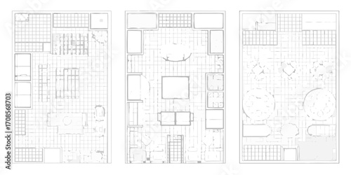 Top down view architectural floor plans of modern apartments with furniture layouts