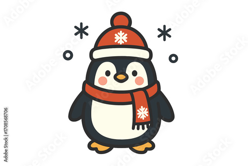 Cute winter penguin icon wearing warm red hat and scarf with snowflake decorations, flat style vector cartoon illustration, cozy animal winter decoration, transparent background