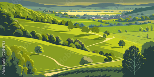 Idyllic rolling green hills and valleys with a village nestled in the distance under a clear sky