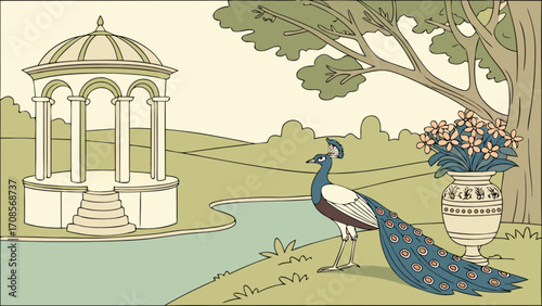 Vintage peacock illustration with gazebo and flower vase in an idyllic landscape drawing art