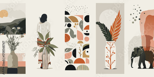 Abstract mid century modern collage with nature elements and geometric shapes