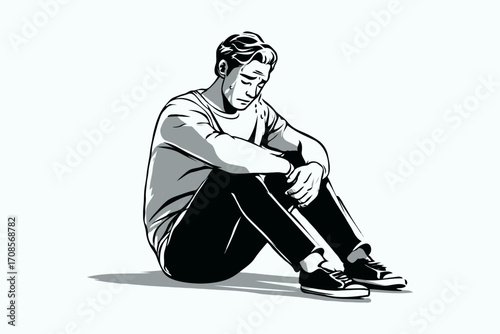 Depressed man sitting on floor, monochrome graphic style, isolated on light background, concept of sadness and emotional struggle