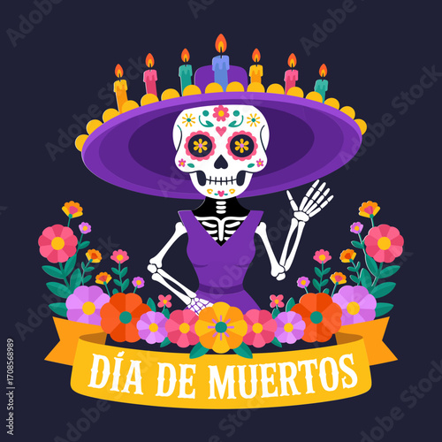 Dia de Muertos catrina, skeleton lady with wide hat, candle crown, floral garland, ribbon banner, celebration, colorful vector