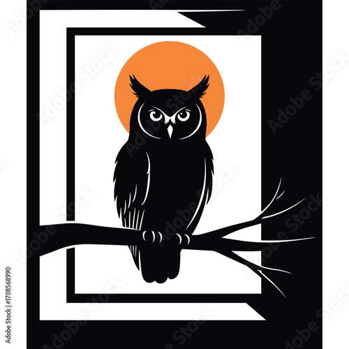 Black owl perched on a bare branch against an orange moon and white frame bird night