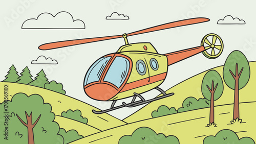 Cartoon helicopter flying over green hills illustration for kids children coloring page activity