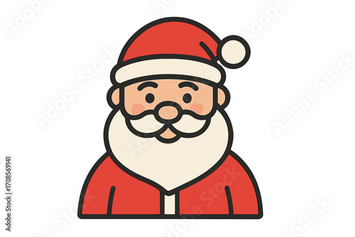 Santa Claus icon flat style vector cartoon illustration with white beard, red suit and hat, Christmas character, festive decoration, transparent background, holiday season design