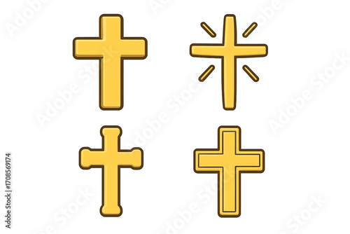 Set of four golden crosses flat style vector cartoon icons, religious symbols collection with shiny and solid designs, Christian faith illustration with transparent background
