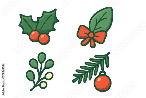 Christmas holiday greenery set with holly leaves and berries, mistletoe branch, evergreen twig with red bauble ornament, festive bow decorated leaf collection vector cartoon illustration