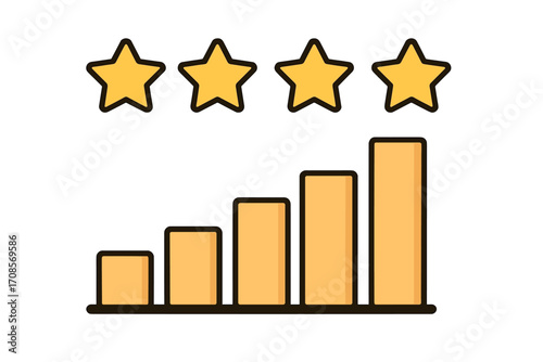 Star rating icon with chart symbol, vector cartoon illustration of progress bars and five yellow stars, performance evaluation design, transparent background, ordered set graphic