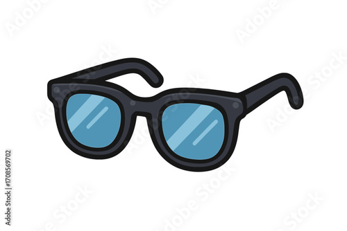 Stylish black sunglasses icon with blue lenses, flat design vector cartoon illustration of summer eyewear, fashion accessory, sun protection, transparent background